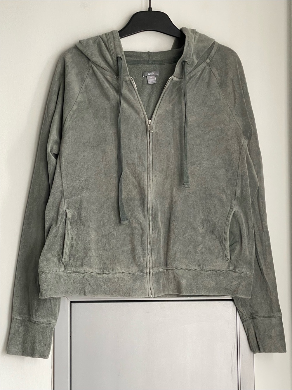 AERIE Green Velvet Zip-Up Hoodie